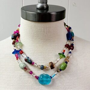 Vintage Y2k Boho Art Glass Beaded Mix 19” Necklace Strand Rainbow Confetti
